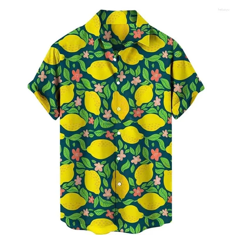 Camisas casuais masculinas camisa frutas pêra limão 3d impressão superior primavera verão blusa havaiana lapela mangas curtas oversized topos