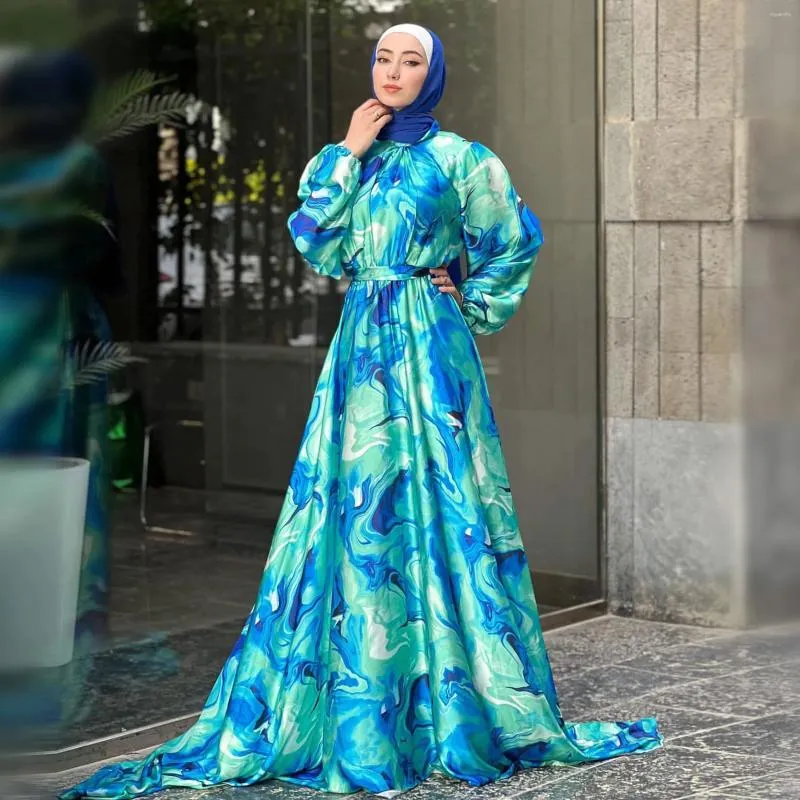 Ethnic Clothing Eid Printed Abaya Satin Muslim Long Dress Dubai Modest Islamic Party Turkish Dresses Abayas For Women Kaftan Hijab Robe