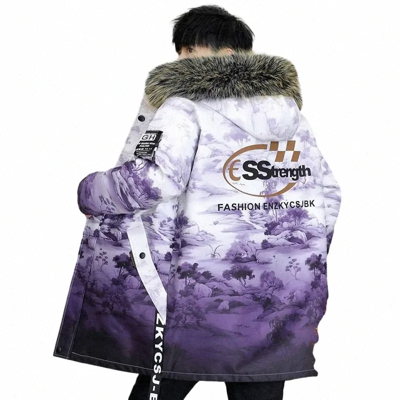 Versma Korean Streetwear Hooded Graffiti Print LG Parka Men American Hip Hop Winter Fleece特大ファーカラーパーカー769p＃