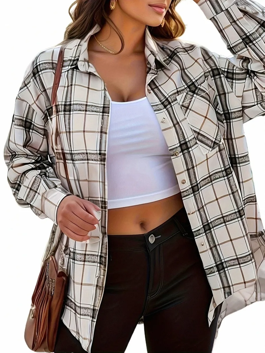 Plus Size Women's Plaid Patched Casual LG Sleeve Shirt O0ft#