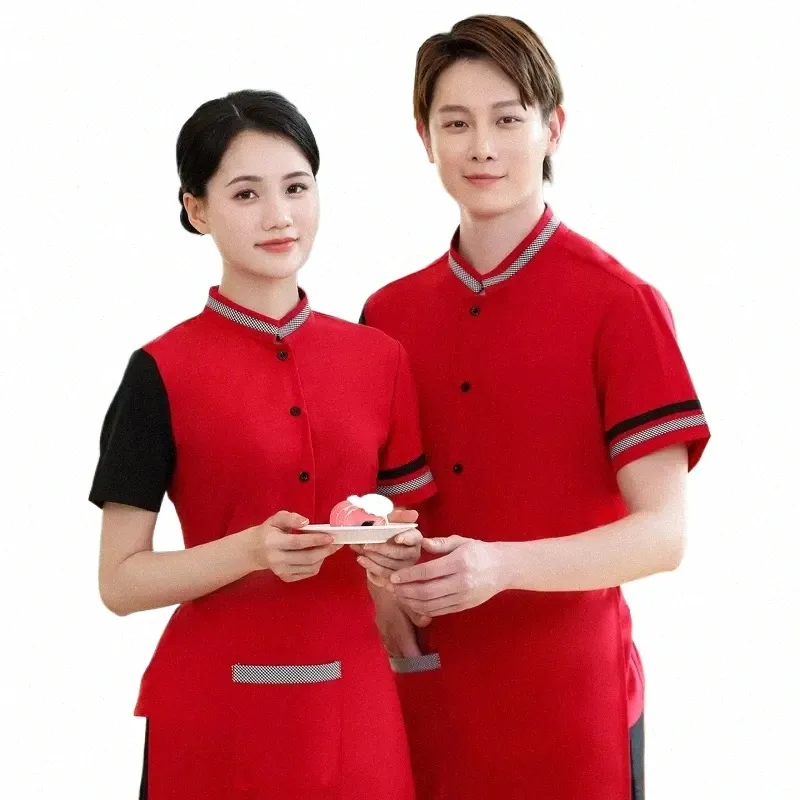 Tea House Blue Waitr Overall Summer Short Sleeve Hot Pot Shop Cafe Waiter Uniforms Restaurant Food Service Cooking Clothes H4QI#