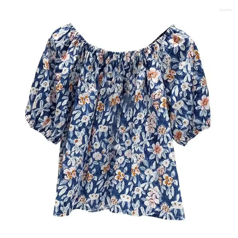 Camicette da donna Camicetta con spalle scoperte Donna Stampa floreale vintage Top Temperamento allentato Camicie con maniche a sbuffo Blu Una camicia Z591