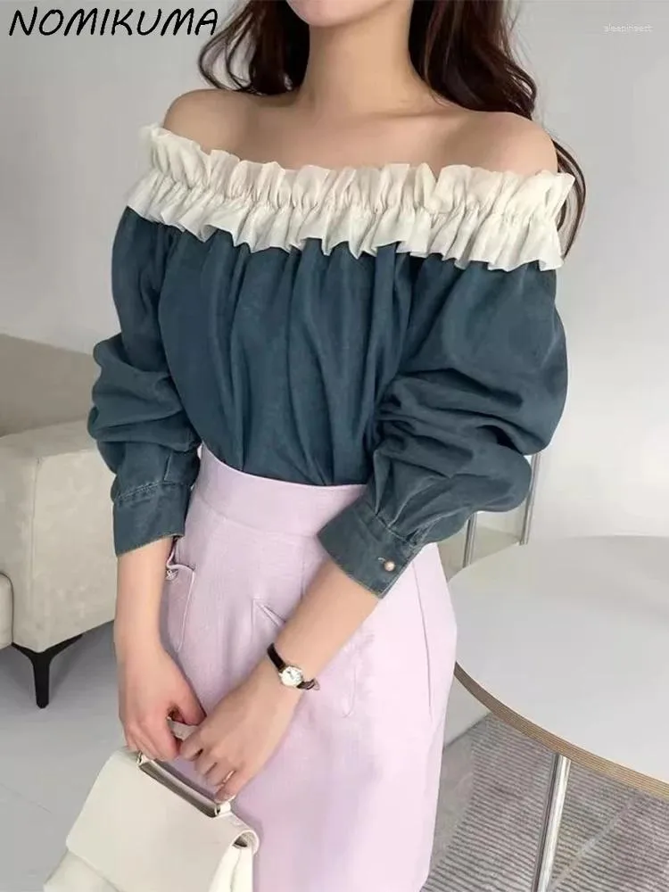 Women's Blouses Nomikuma Korean Chic Spring Retro Patchwork Off Shoulder Flower Washed Denim Shirt Fashion Long Sleeved Blouse Top