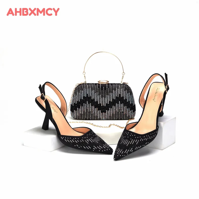 Dress Shoes 2024 Black Color Thin Heels Comfortable Rhinestones Design Ladies Matching Bag Set For Party