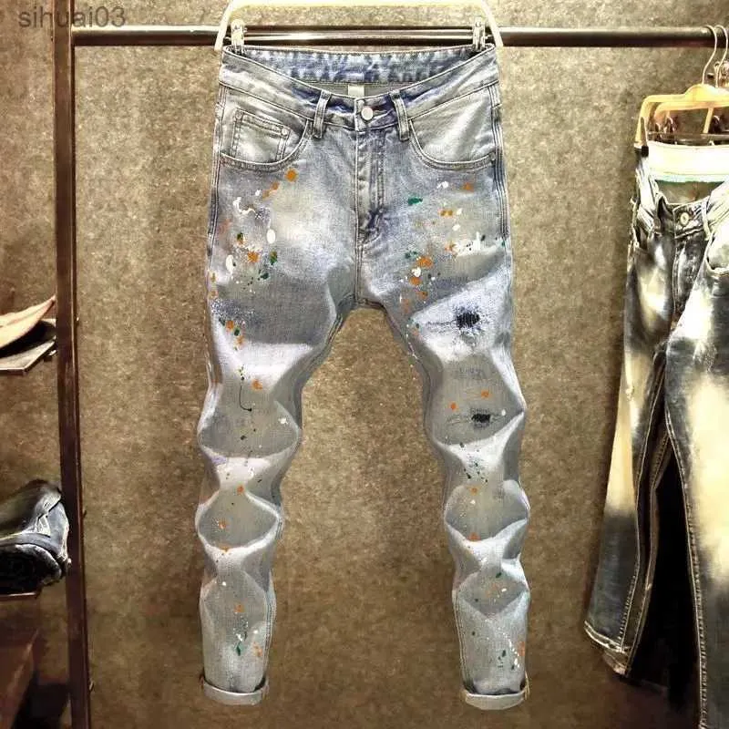 Мужские джинсы, недавно поступившие Kpop, мужская дизайнерская одежда в корейском стиле, высококачественная стирка, брызги краски, рваные джинсыL2403