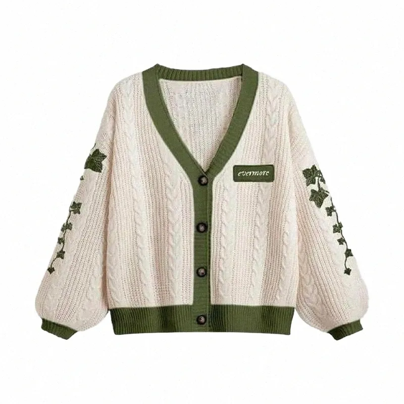 Evermore Cardigan Taylor versi Green Vine Hafted Butt Down Down Cable Knit Sweter Kobiety jesień zimowy strój vintage f7yt#