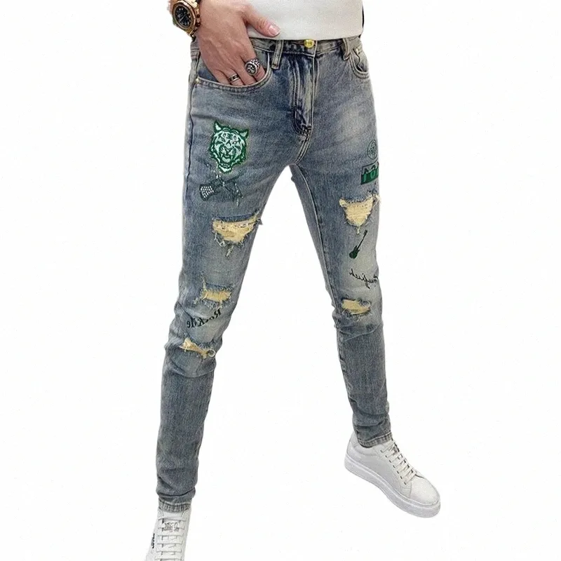 Fi Street Style Ripped Skinny Jeans Hombres Vintage w Solid Denim Pantalón para hombre Casual Slim fit lápiz pantalones de mezclilla venta caliente 30gf #