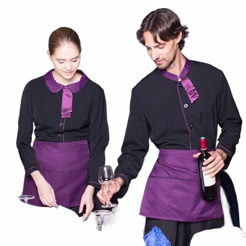 wholesale Uniformes de camarero del hotel Tienda de catering Manga LG Camisa de trabajo negra + Conjunto de abril púrpura Ventas de ropa de trabajo de restaurante occidental 63K2 #