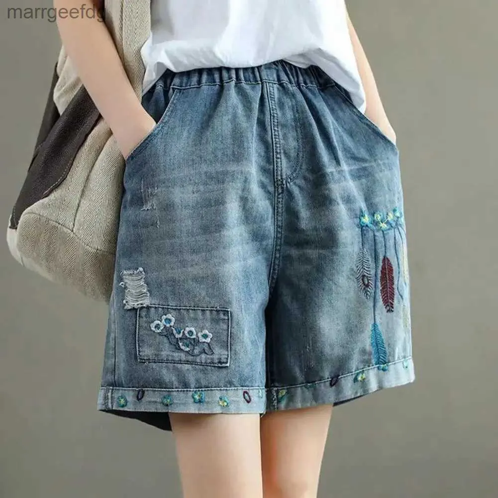 Shorts femininos mulheres vintage cintura alta verão bordado padrão bolso denim elástico perna larga solta 240329