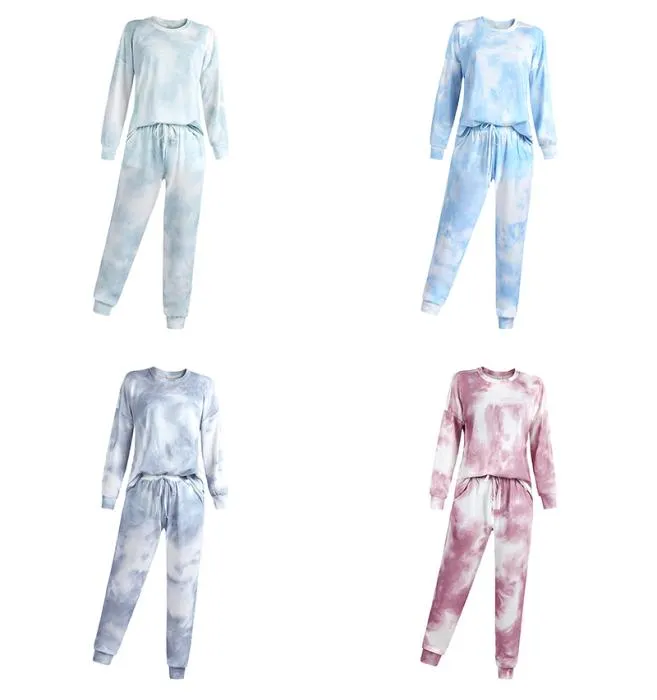 Moda Tiedye Stampa Donna Indumenti da notte Set Manica lunga One-Collo Top Lace Up Pantaloni elastici in vita Pigiama Set Home Lounge Abbigliamento M3720367