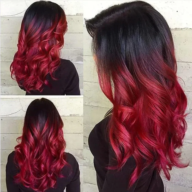 Pruiken HAIRJOY Synthetische Hittebestendige Zwart tot Rood Vrouwen Lang Golvend Haar Pruik voor Feestkostuum Halloween