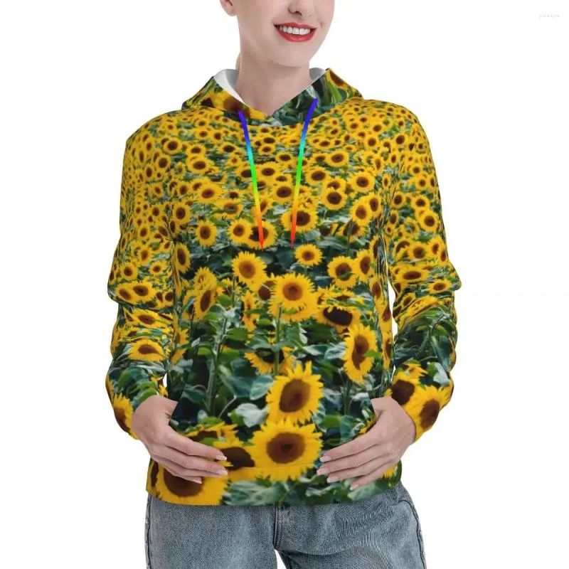 Damen Hoodies Field Of Sunflower Lässige gelbe Blumen Vintage Kapuzenshirt Winter Langarm Streetwear Übergroßer Pullover Hoodie