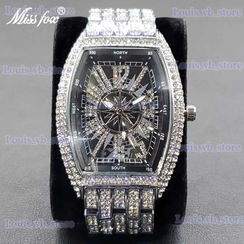 Altri orologi Nuovo lusso per uomo Moda Tonneau Completamente diamante al quarzo es Impermeabile Hip Hop Rapper Iced Out Orologio maschile Dropshipping T240329