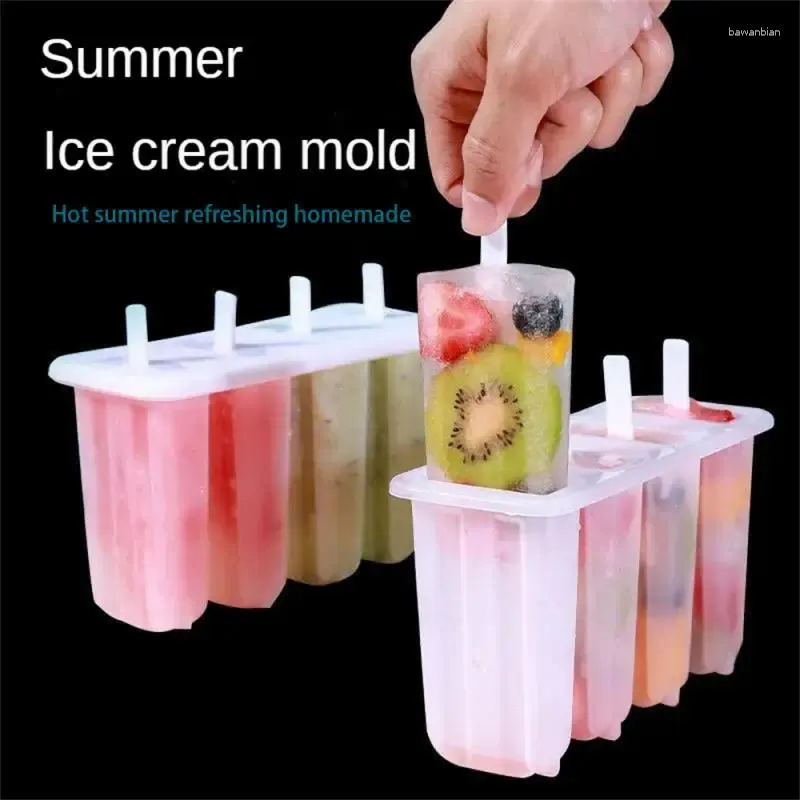 ベーキング型4カバー夏の自家製DIYアイスクリーム型白い四角いボックスを備えたカバー付きのアイスキャンディー型PPホームキッチンガジェット