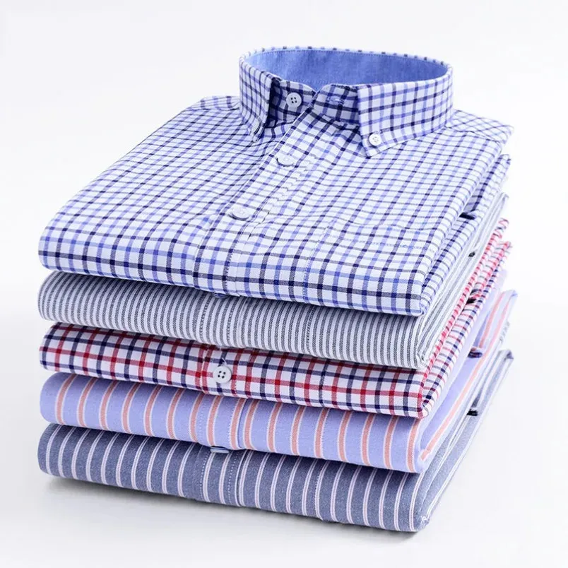 Heren Gestreepte Plaid Oxford Spinning Casual Shirt Met Lange Mouwen Comfortabel Ademend Kraag Knop Ontwerp Slanke Mannelijke Zakelijke Jurk 240328