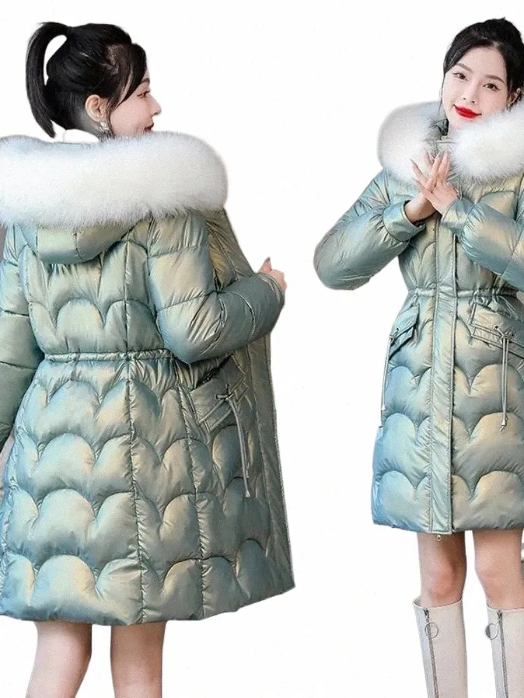 2023 nuova giacca invernale Lg Cappotti Donna Parka Collo in pelliccia con cappuccio Lucido Piumino Cott Giacca calda Casual Cott imbottito Parka Cappotto V6GT #