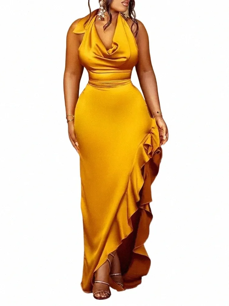 2024 Autumn Satin Halter Cowl Neck Ruffles Slit Back Ankle-Length Maxi Dress  for Women from Dhgate Urban Sexy Dresses - price 1748.77