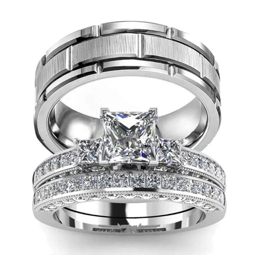 Anéis de casamento casal feminino clássico quadrado zircão anel de noivado conjunto masculino 8mm aço inoxidável cor prata sulco c255s