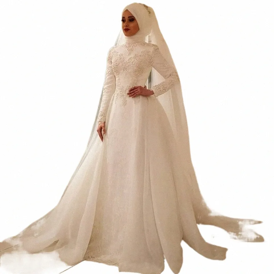 2023 White/Ivory Women A-Line Wedding Dres muslimska arabiska spetsapplikationer Brudklänningar Eleganta LG-ärmar Vestidos de Novia C87F#