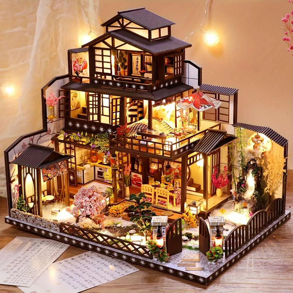 Japansk stil uteplatsmodell DIY handgjorda stora och blåsiga byggnadsscenpaket, trä monterat Eve House set med möbler hem dekorationer hantverk ornament, för