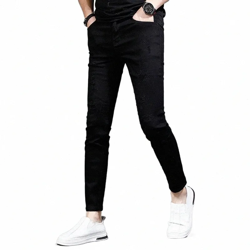 Sommer Black Ripped Jeans Männer Streetwear Casual Leichte Slim Fit Knöchel-Länge Hosen Denim Hosen R13W #