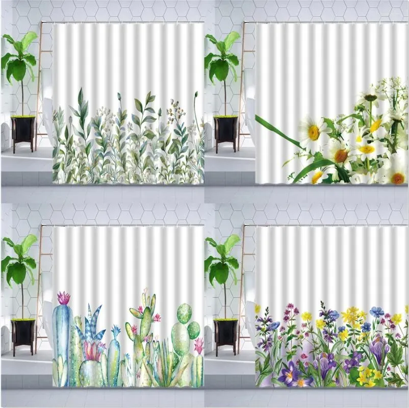 Shower Curtains Green Leaf Curtain Tropical Plant Cactus Flower Leaves Daisy Printing Home Decor Bathroom Polyester Hanging Set