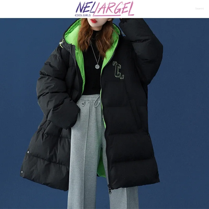 Женские пуховые куртки NELLARGEL, длинные зимние куртки с буквенным принтом, пальто 2024, женские повседневные толстые свободные пальто с пузырьками для девочек, корейская уличная одежда, черные парки