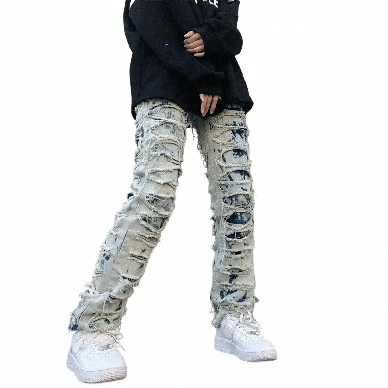 snow Wed Man Ripped Jeans Slim Fit Straight Denim Heavy Weight Streetwear Patches Male Pants R2Tw#