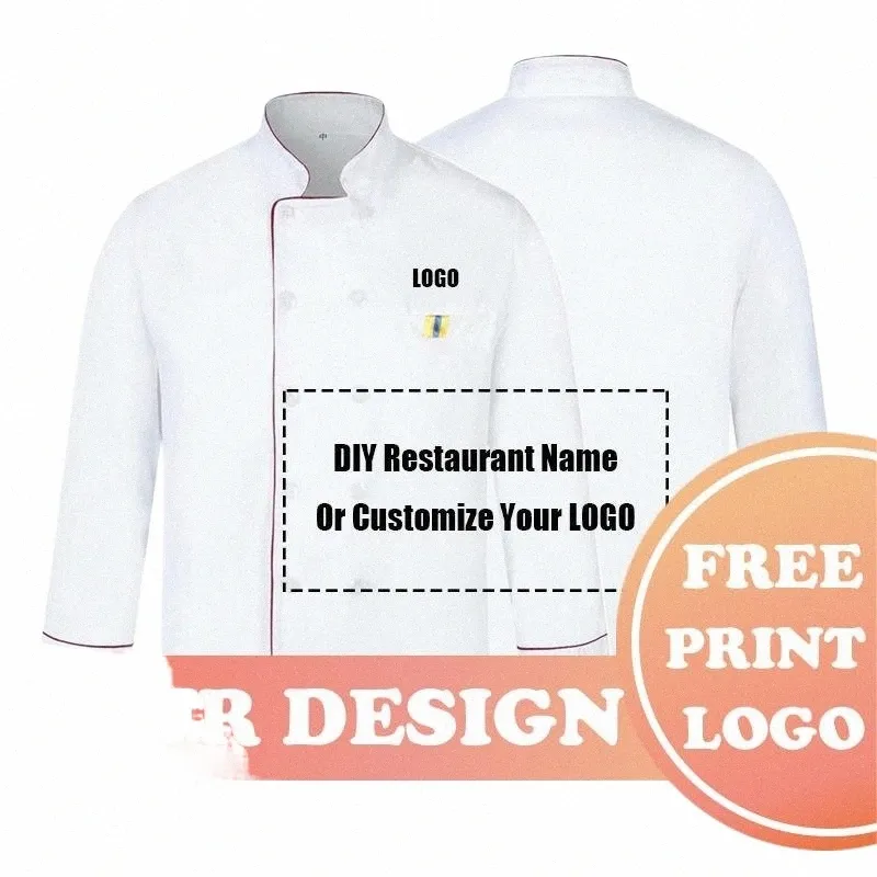 Anpassen DIY Logo Print Chef Uniform Küche Bäckerei Cafe Food Service Lgth Sleeve Atmungsaktive Cook Wear Kellner Jacke Overalls R4I3 #