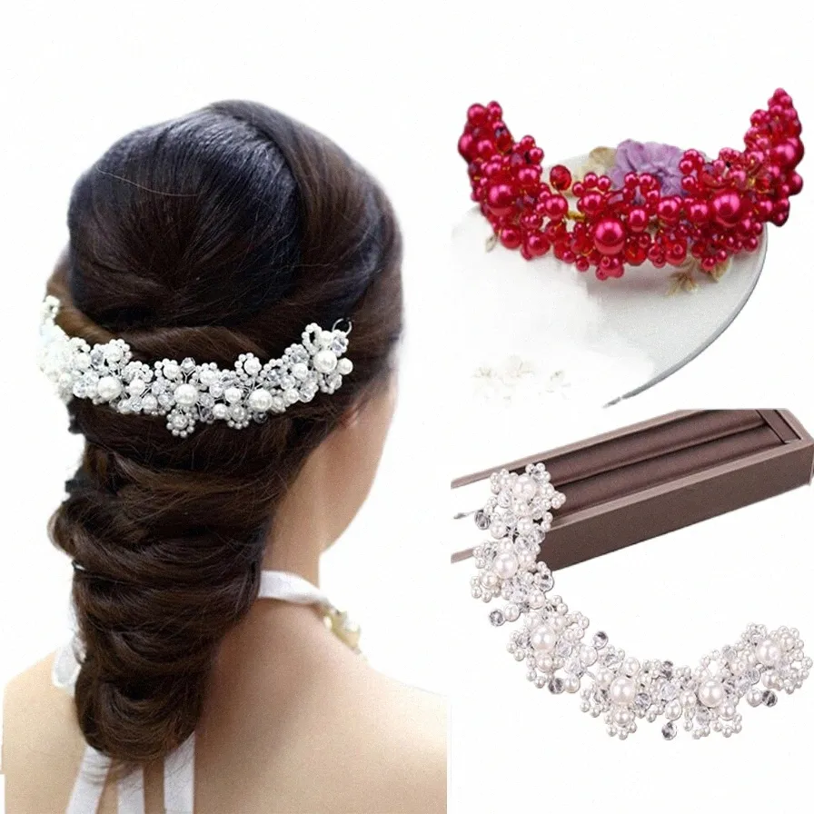 Weiße Perle Kristall Haarnadel Stirnband Braut Kopfschmuck von Hand Hochzeit Dr Hochzeit Haar Zubehör und Schmuck O4yA #