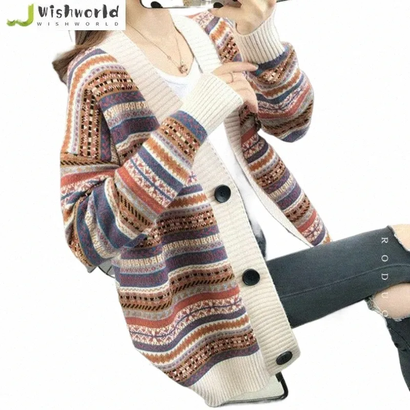 Cardigan à rayures ethniques pour femmes, automne et hiver 2023, nouveau versi coréen, pull ample, tricot élégant, manteau pour femmes, S7us #