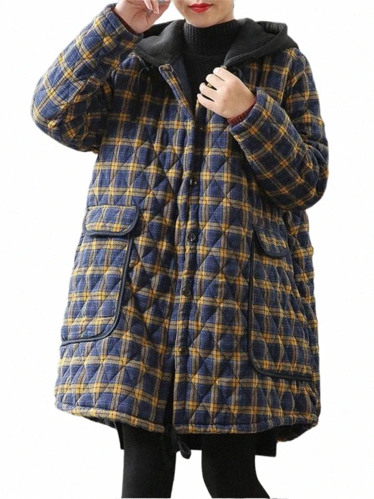 Johnatur Women Hooded Plaid Parkas Vintage Butt Coats Loose 2024秋の冬の新しいポケット女性カジュアルウォームパーカスコートi2zz