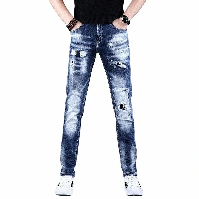 jeans sommar rippade män casual lätta blå byxor lapp jean streetwear fi smal fit denim byxor g7m6#