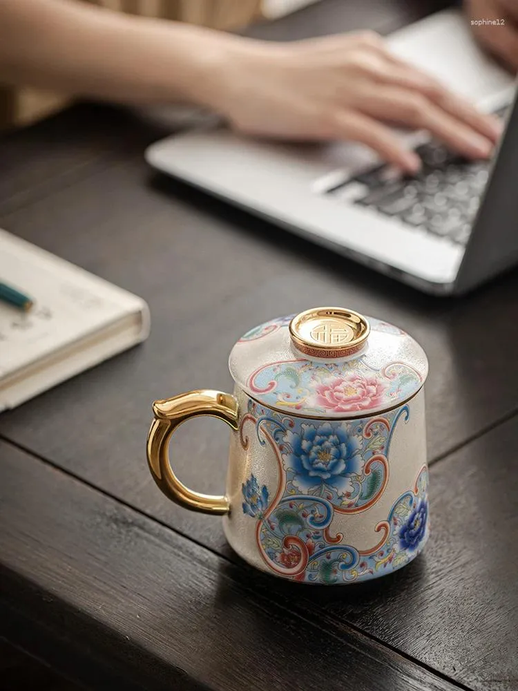 Conjuntos de chá de alta qualidade Sterling Silver Cloisonne Esmalte Tea Cup Pessoal Especial Separação de Água Cerâmica com Tampa Office