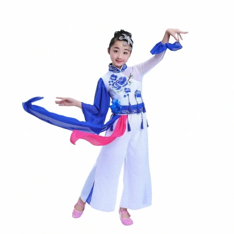 Vêtements de danse hanfu pour enfants Costumes de danse nationale Yangge en porcelaine bleue et blanche Vêtements de taille Performances sur scène L7X1 #