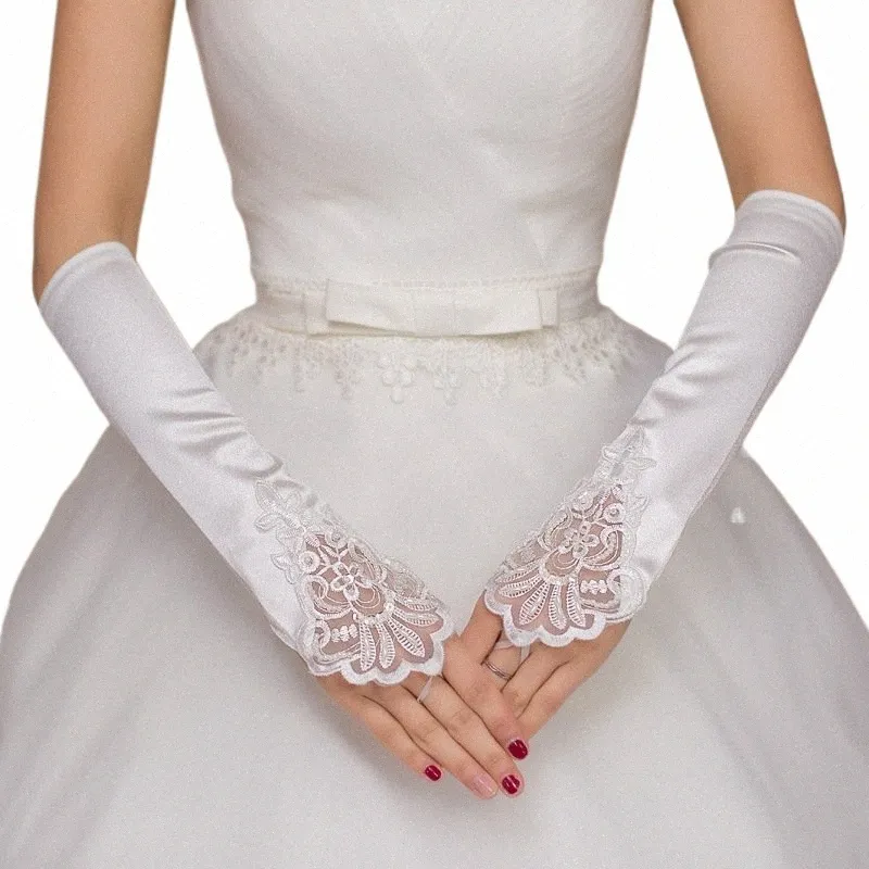 wedding Accories Bridal Gloves Elbow Length Bride Gloves Hook Fingers Lace Lg White Ivory Satin Appliques Wedding Gloves L2vo#