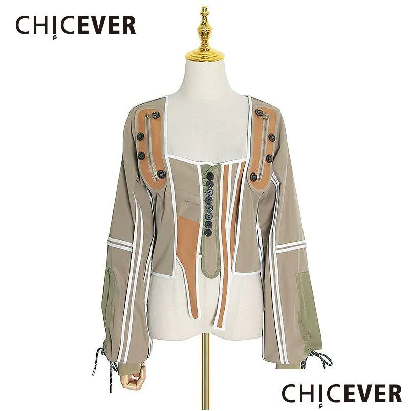 Women'S Jackets Womens Chicever Work Hit Color Irregar Coats For Women Square Collar Lantern Sleeve Lace Up Female 2021 Fashion Drop D Dhtwo