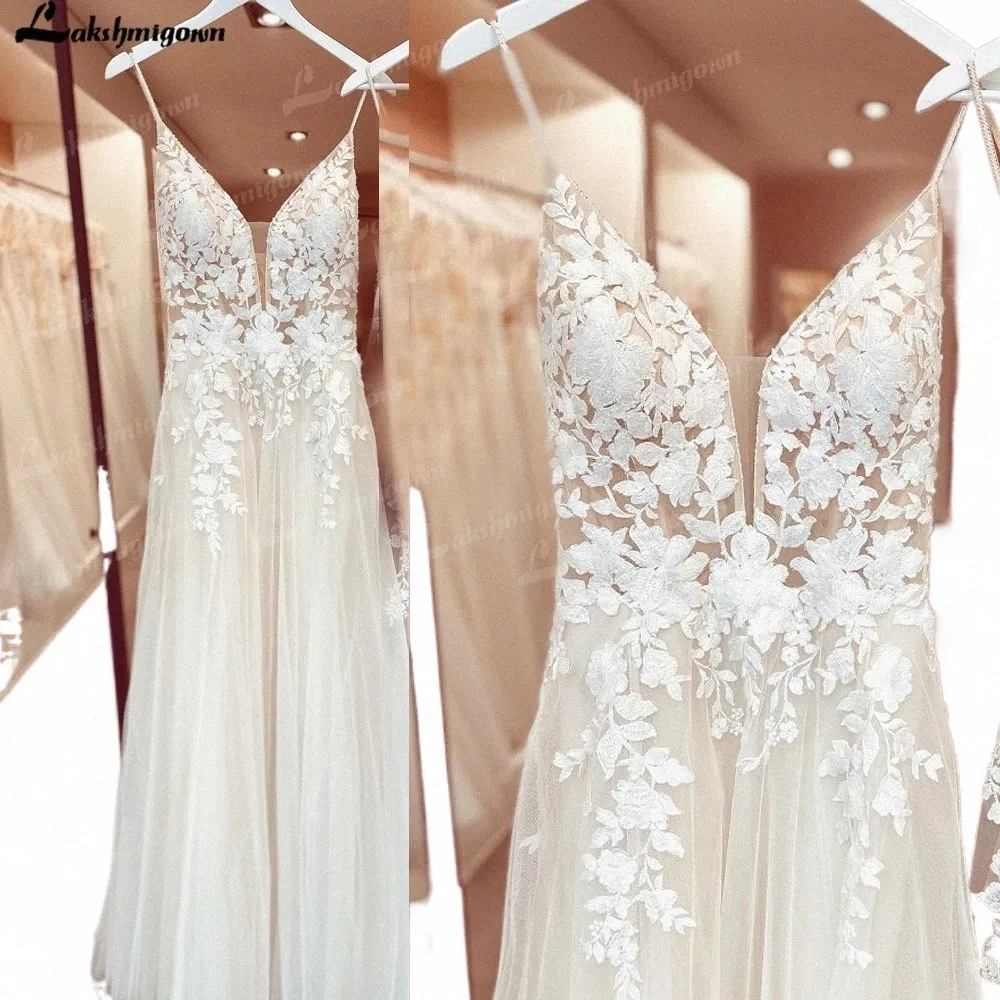 Lakshmigown Spaghetti Straps Boho Wedding Dr Lace Applqiues V SCICK SUNKS SUNTS Tiulle Abito da sposa 791b#