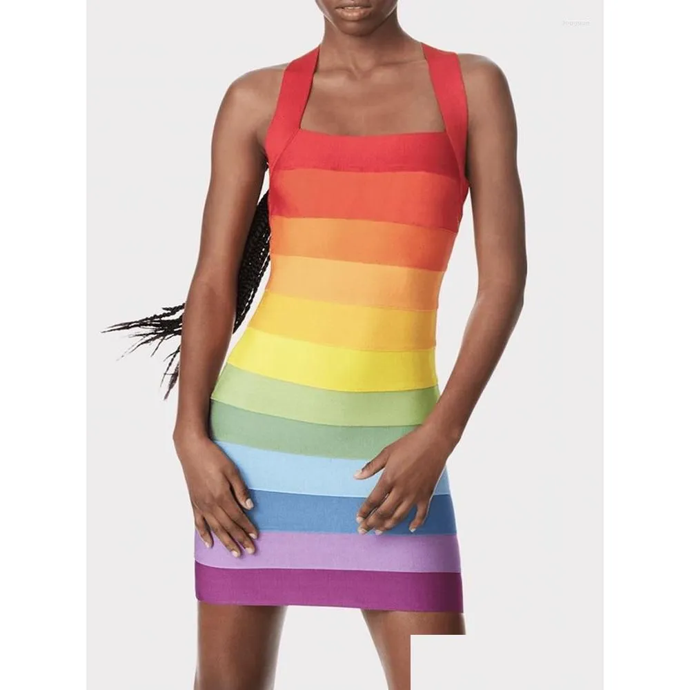 Robes décontractées de base Rainbow Bandage Robe Halter Dos Nu Courte Fête Moulante Élégante Soirée Anniversaire Club Tenue 2023 Année Somme Dhw7M