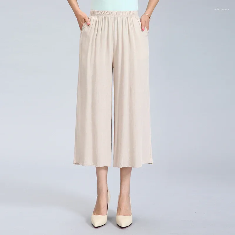 Women's Pants Fashion Wide Leg Casual Summer Linen High Waist Elastic Loose Culotte Trousers Cropped