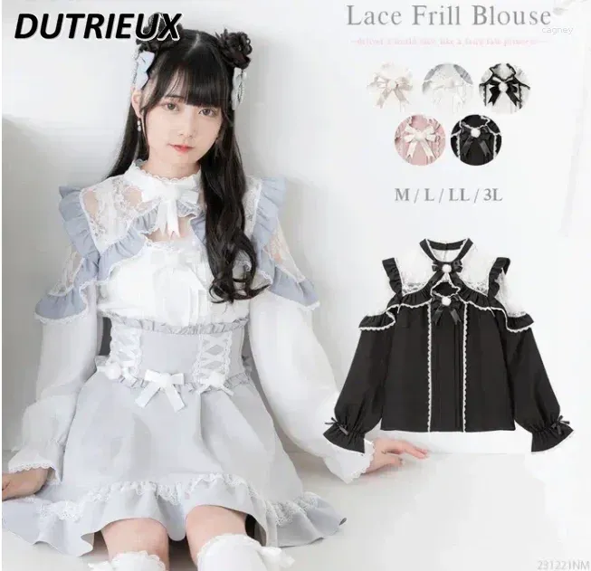 Damenblusen im japanischen Stil, süße Bluse, weibliche Spitze, Patchwork, Frühling und Herbst, Langarm-Tops, Schleife, süßes Aldies-Lolita-Shirt