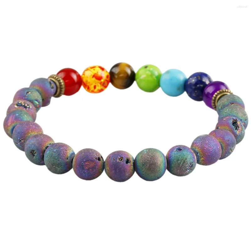 Pulseras de cuentas de hilo para mujeres y hombres, pulsera de Buda con piedra semipreciosa Druzy recubierta de titanio, equilibrio de chakras