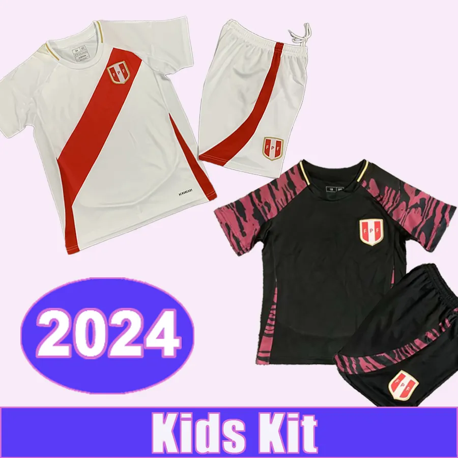 2024 Peru National Team Kids Kit Soccer Jerseys Guerrero Araujo Lopez Santamaria Cartagena Lapadula Advincula Home Away Football Shirts Kort ärmuniformer