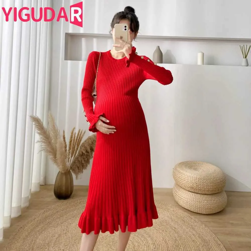 Платья для беременных Осень и зима Корейская мода вязаный свитер для беременных Элегантное ультратонкое платье для фотосессии беременныхL2403