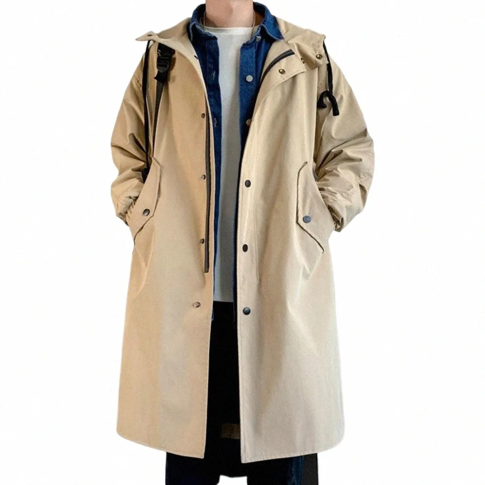 Hommes Trench Style coréen capuche chaude mi-longueur coupe-vent mâle couleur unie simple boutonnage coupe-vent pardessus pour un usage quotidien r46o #