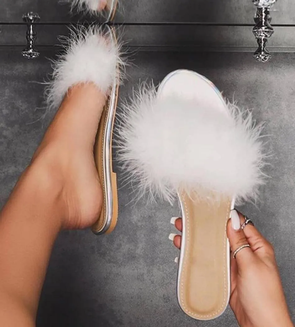 Slippers 2022 Woman Fashion Flat Women Shoes Summer Outdoor Slides White Feather Female Plus Size 42 Home9882358