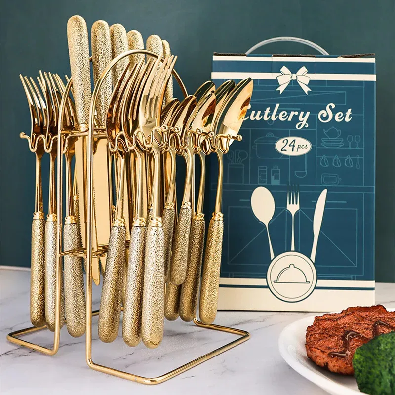 24 Pcs Stainless Steel Cutlery Hammer Pattern Ceramic Handle Knife Fork Spoon Set cutlery set travel flatware 240318