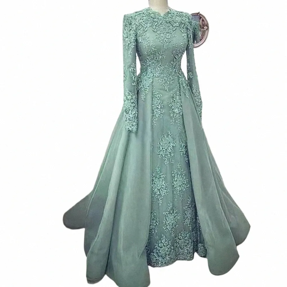 サウジアラビアブルーレースアップリケプロムフルスリーブオーバースカートイブニングガウンa-line tulle vestido de fsta forelegant woman a0yf＃