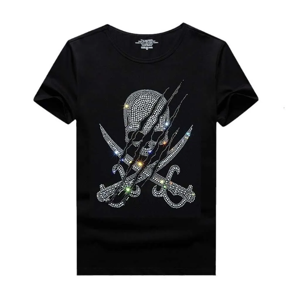 2024 Summer European Men's Round Neck T-Shirt Short Sleeved Personalized Hot Diamond Skull Demon Thin Casual Men's T-Shirt