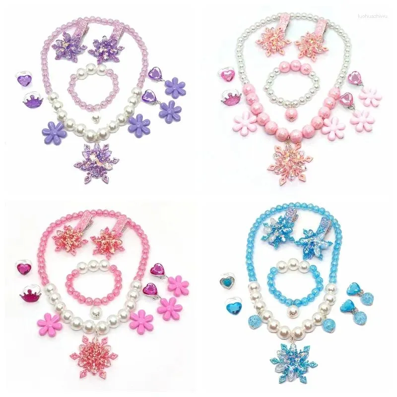 Acessórios de cabelo bonito meninas floco de neve hairpin conjuntos crianças frisado colar brincos anel pulseira menina pirncess cosplay jóias vestir-se